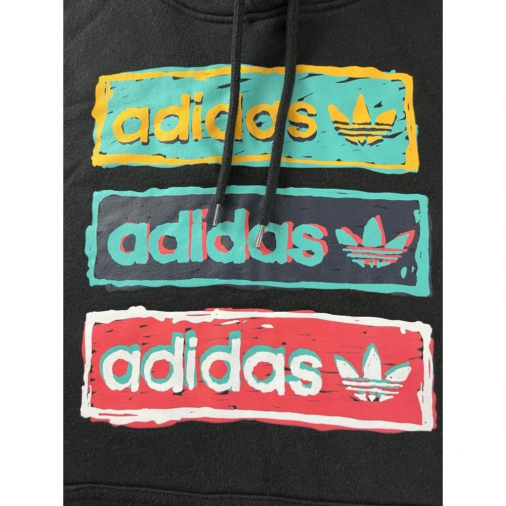 Adidas Hooded Men Large Black Fleece Trefoil Kangaroo ADIDAS Graphic Sweatshirt